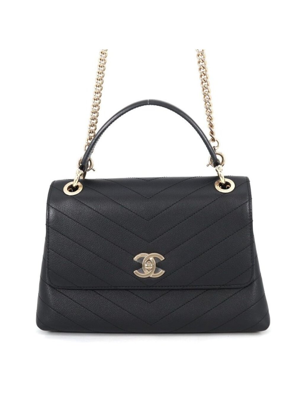 Chanel Handbag Blanc CC Logo Top Handle Bag Small Calf Leather 2-Way Black